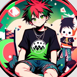 Anime profile picture of a mischievous boy with red and black spiky hair, green eyes, wearing a black graphic tee and jeans, framed by a funky circle border filled with geometric patterns and bright colors.