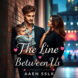 A romantic novel cover design for 'The Line Between Us' featuring an intriguing scene with a dashing young man, stylishly dressed as a member of a famous boy band, leaning against a brick wall