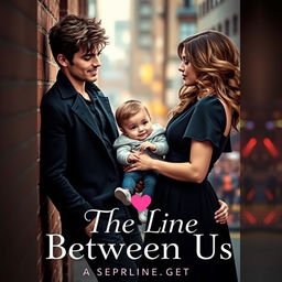 A romantic novel cover design for 'The Line Between Us' featuring an intriguing scene with a dashing young man, stylishly dressed as a member of a famous boy band, leaning against a brick wall