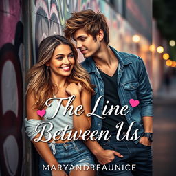 The cover design for 'The Line Between Us' by Maryandreaeunice, a romance novel featuring a charismatic young man, styled as a member of a popular boy band, leaning against a graffiti-covered wall