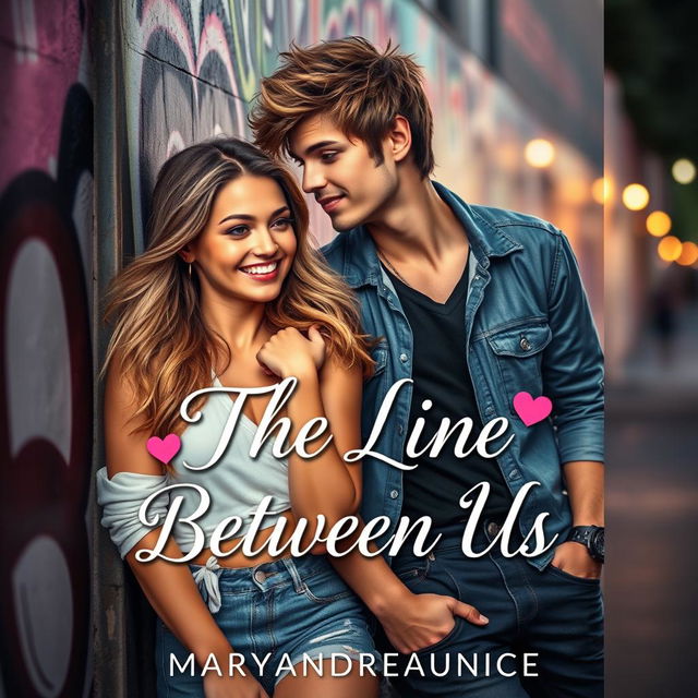 The cover design for 'The Line Between Us' by Maryandreaeunice, a romance novel featuring a charismatic young man, styled as a member of a popular boy band, leaning against a graffiti-covered wall