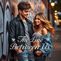 The cover design for 'The Line Between Us' by Maryandreaeunice, a romance novel featuring a charismatic young man, styled as a member of a popular boy band, leaning against a graffiti-covered wall