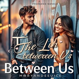 The cover design for 'The Line Between Us' by Maryandreaeunice, a romance novel featuring a charismatic young man, styled as a member of a popular boy band, leaning against a graffiti-covered wall