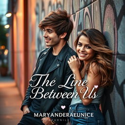 The cover design for 'The Line Between Us' by Maryandreaeunice, a romance novel featuring a charismatic young man, styled as a member of a popular boy band, leaning against a graffiti-covered wall