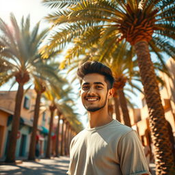 In the colorful city of Yemen, a handsome young man stands confidently among the surroundings