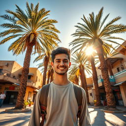 In the colorful city of Yemen, a handsome young man stands confidently among the surroundings