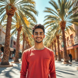 In the colorful city of Yemen, a handsome young man stands confidently among the surroundings