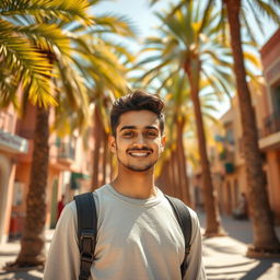 In the colorful city of Yemen, a handsome young man stands confidently among the surroundings