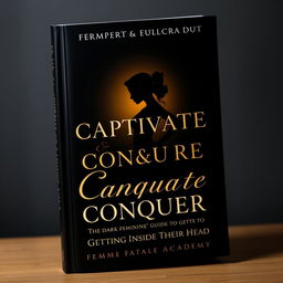 A striking book cover for 'Captivate & Conquer: The Dark Feminine's Guide to Getting Inside Their Head' by Femme Fatale Academy