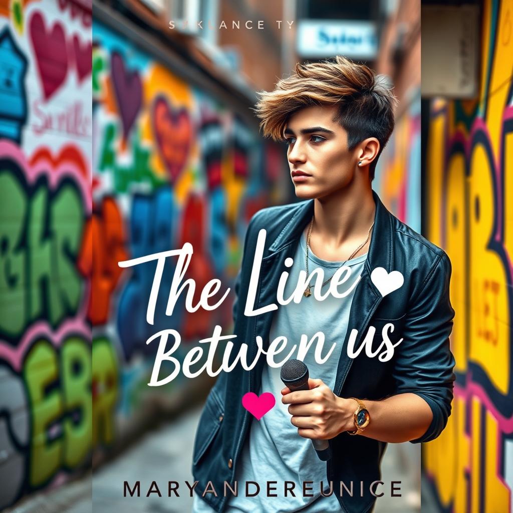 A captivating novel cover for 'The Line Between Us' by Maryandreaeunice, showcasing a charismatic young man, embodying the essence of a trendy boy band member, with stylish hair and fashionable attire