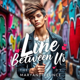 A captivating novel cover for 'The Line Between Us' by Maryandreaeunice, showcasing a charismatic young man, embodying the essence of a trendy boy band member, with stylish hair and fashionable attire