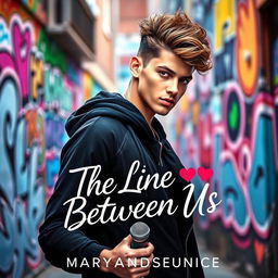 A captivating novel cover for 'The Line Between Us' by Maryandreaeunice, showcasing a charismatic young man, embodying the essence of a trendy boy band member, with stylish hair and fashionable attire