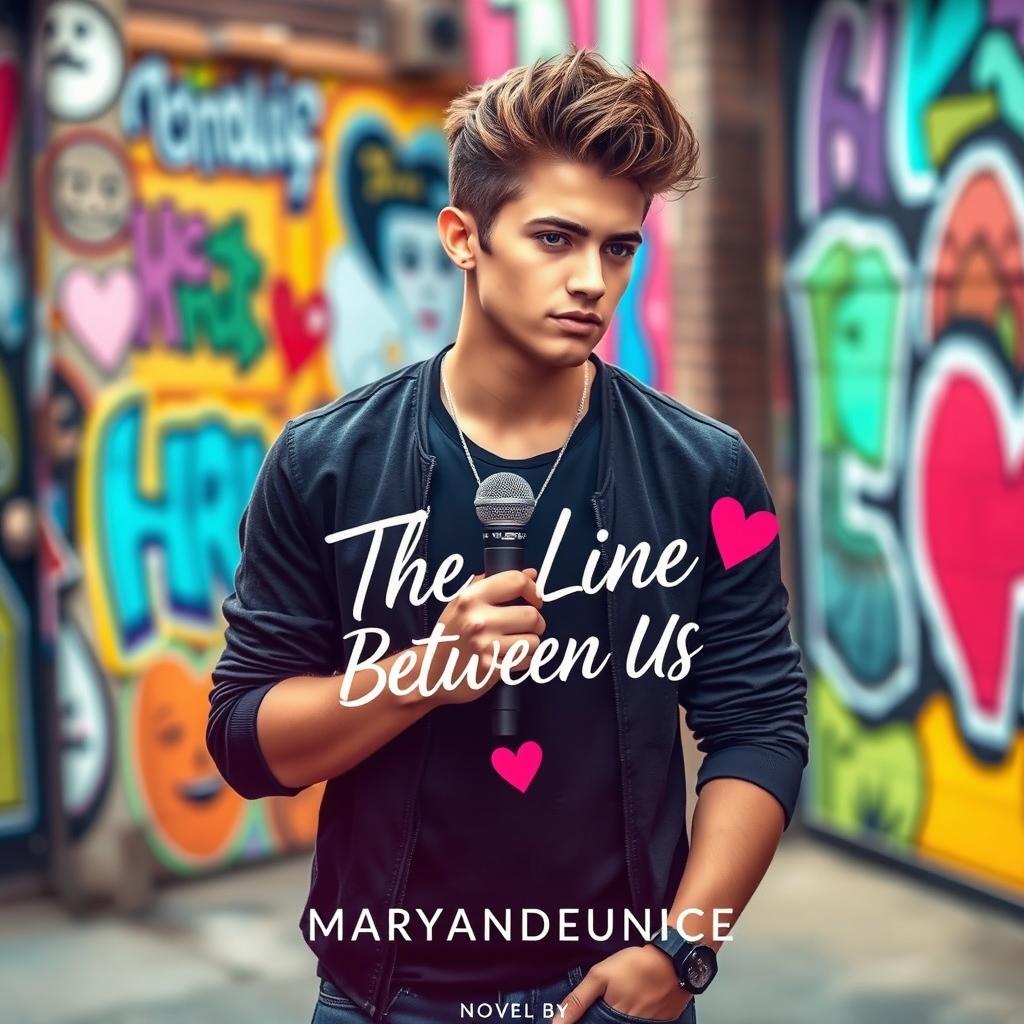 A captivating novel cover for 'The Line Between Us' by Maryandreaeunice, showcasing a charismatic young man, embodying the essence of a trendy boy band member, with stylish hair and fashionable attire