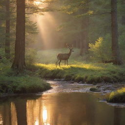 Generate an image of a quiet, peaceful forest, bathed in the soft glow of a setting sun, as a tranquil deer grazes near a bubbling brook.