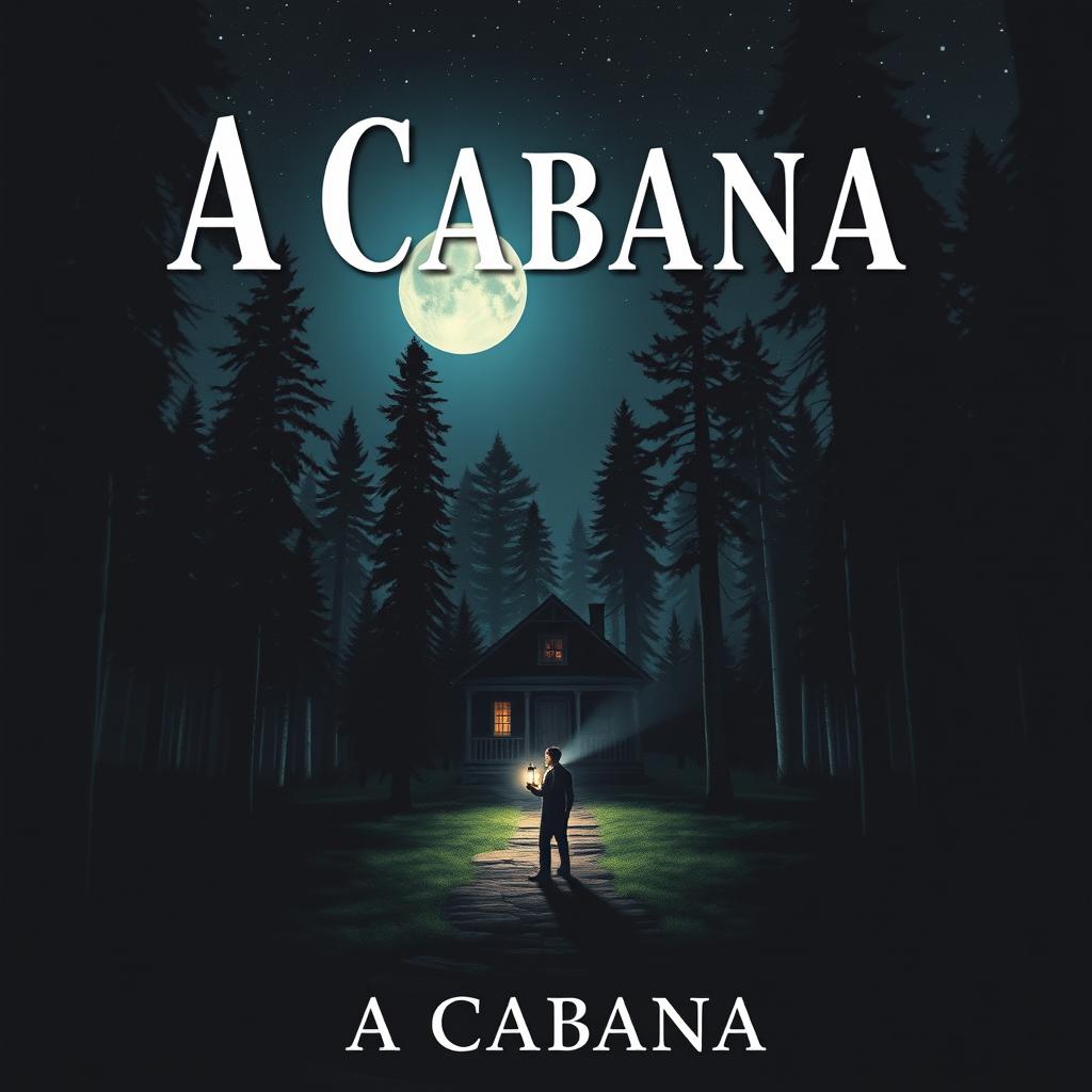 A suspense book cover titled 'A Cabana', featuring a dark cabin illuminated by moonlight in the midst of a dense forest at night