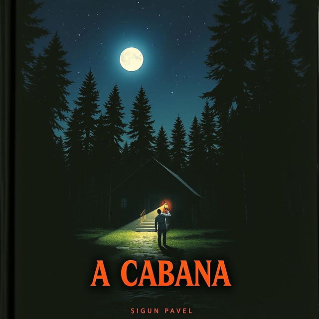 A suspense book cover titled 'A Cabana', featuring a dark cabin illuminated by moonlight in the midst of a dense forest at night