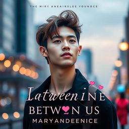 A captivating novel cover for 'The Line Between Us' by Maryandreaeunice, featuring a young man who embodies the essence of a stylish boy group member