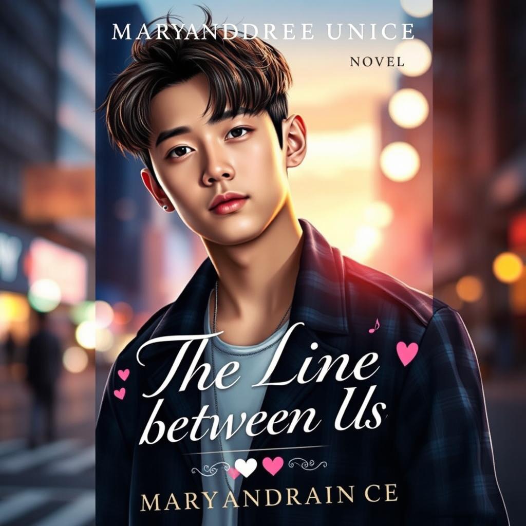 A captivating novel cover for 'The Line Between Us' by Maryandreaeunice, featuring a young man who embodies the essence of a stylish boy group member