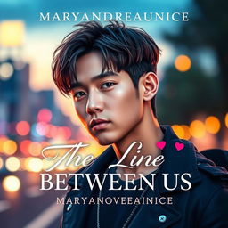 A captivating novel cover for 'The Line Between Us' by Maryandreaeunice, featuring a young man who embodies the essence of a stylish boy group member