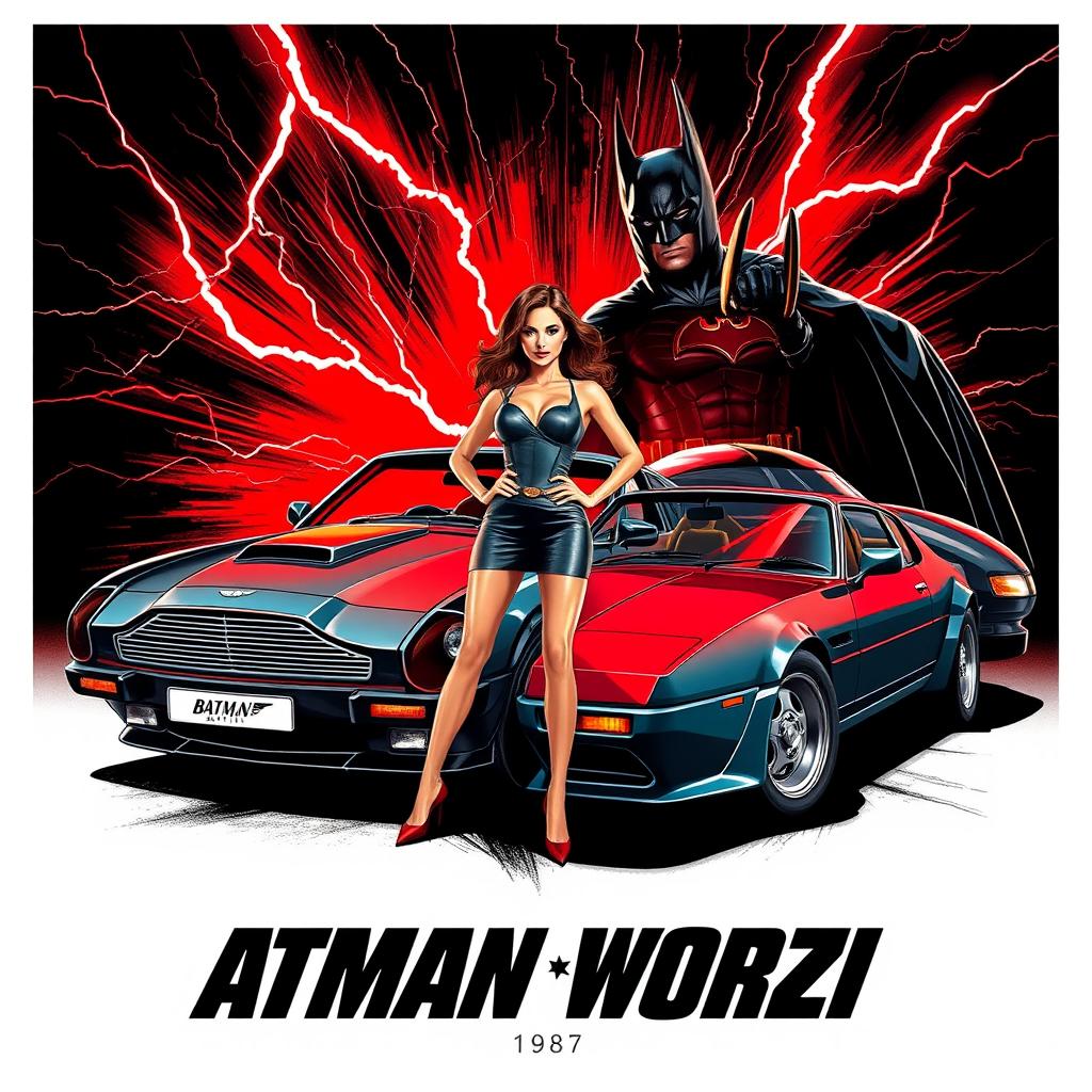 An action-packed movie poster featuring the Aston Martin DB5 alongside the Batmobile from 1989