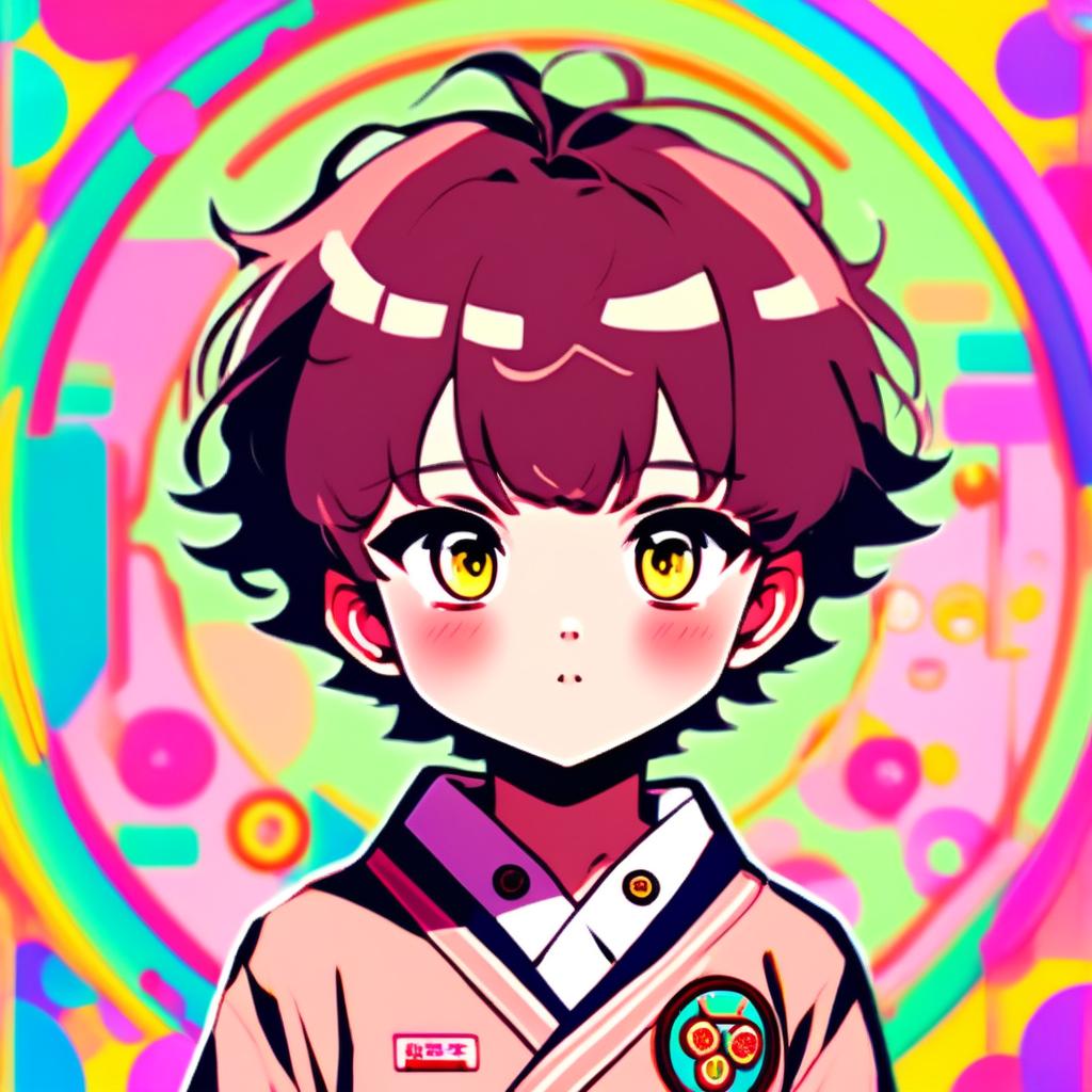 Anime schoolboy with chestnut hair and bright eyes in Japanese uniform, encased in neon circular border against a lo-fi pastel background.