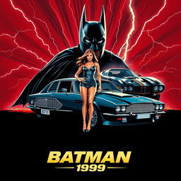 An action-packed movie poster featuring the Aston Martin DB5 alongside the Batmobile from 1989