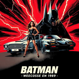 An action-packed movie poster featuring the Aston Martin DB5 alongside the Batmobile from 1989