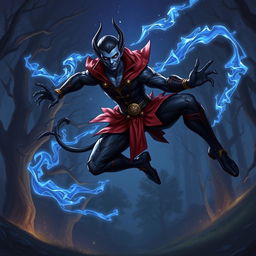 Create a RPG character inspired by Nightcrawler from X-Men, featuring an agile, acrobatic fighter with a demonic appearance