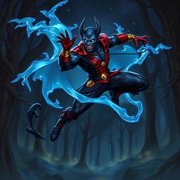 Create a RPG character inspired by Nightcrawler from X-Men, featuring an agile, acrobatic fighter with a demonic appearance