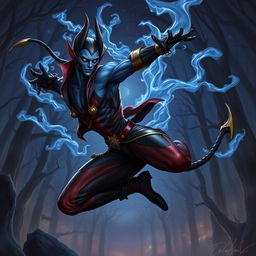 Create a RPG character inspired by Nightcrawler from X-Men, featuring an agile, acrobatic fighter with a demonic appearance