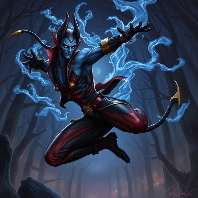 Create a RPG character inspired by Nightcrawler from X-Men, featuring an agile, acrobatic fighter with a demonic appearance