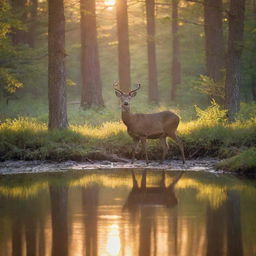 Generate an image of a quiet, peaceful forest, bathed in the soft glow of a setting sun, as a tranquil deer grazes near a bubbling brook.