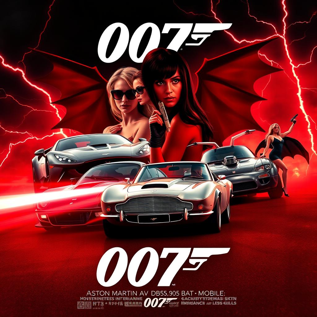 A movie poster featuring an Aston Martin DB5 and the Batmobile from 1989, showcasing iconic Bond girls with dynamic poses