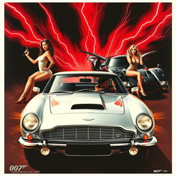 A movie poster featuring an Aston Martin DB5 and the Batmobile from 1989, showcasing iconic Bond girls with dynamic poses