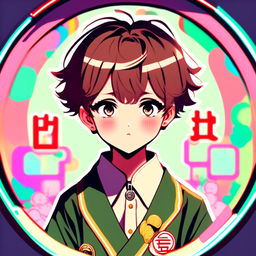 Anime schoolboy with chestnut hair and bright eyes in Japanese uniform, encased in neon circular border against a lo-fi pastel background.