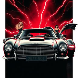 A movie poster featuring an Aston Martin DB5 and the Batmobile from 1989, showcasing iconic Bond girls with dynamic poses