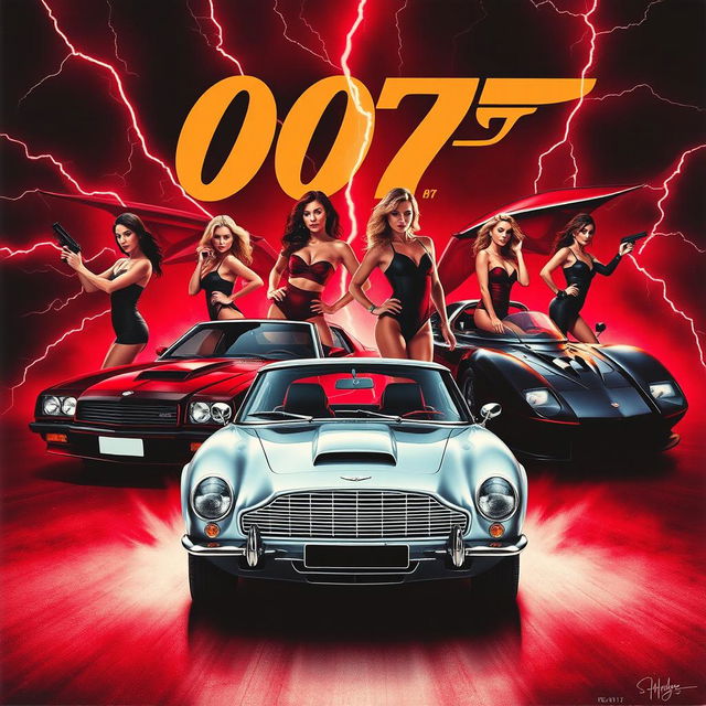 A movie poster featuring an Aston Martin DB5 and the Batmobile from 1989, showcasing iconic Bond girls with dynamic poses