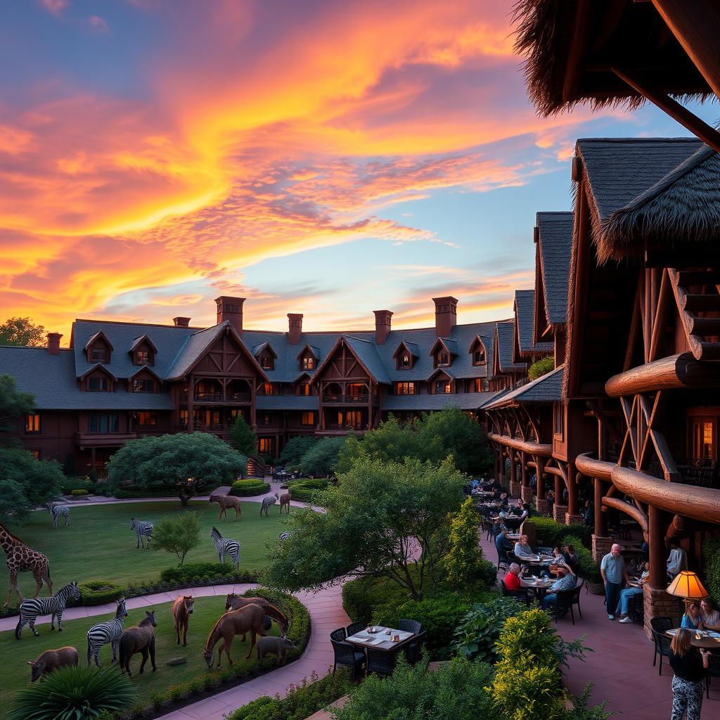 A beautiful view of the Animal Kingdom Lodge hotel at Walt Disney World, showcasing the stunning architecture inspired by African cultures