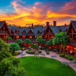 A beautiful view of the Animal Kingdom Lodge hotel at Walt Disney World, showcasing the stunning architecture inspired by African cultures