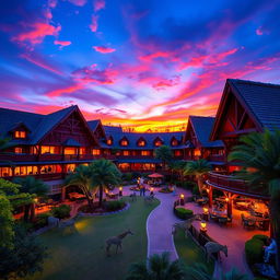 A beautiful view of the Animal Kingdom Lodge hotel at Walt Disney World, showcasing the stunning architecture inspired by African cultures