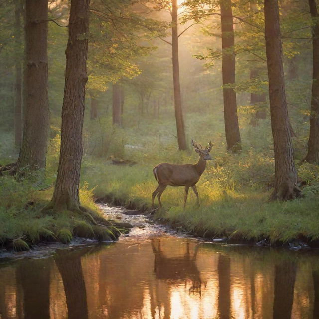 Generate an image of a quiet, peaceful forest, bathed in the soft glow of a setting sun, as a tranquil deer grazes near a bubbling brook.