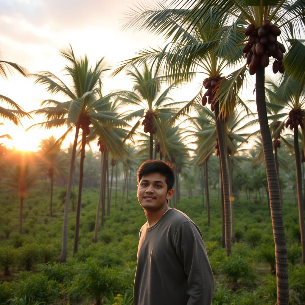 A handsome young Indonesian man standing in a lush valley filled with tall palm trees bearing dates, in the early morning