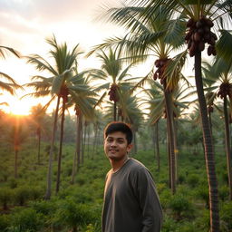 A handsome young Indonesian man standing in a lush valley filled with tall palm trees bearing dates, in the early morning