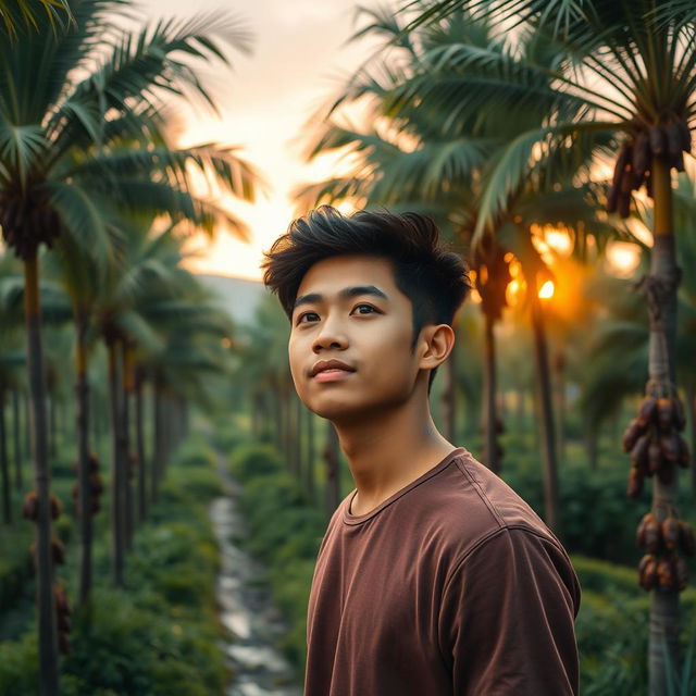 A handsome young Indonesian man standing in a lush valley filled with tall palm trees bearing dates, in the early morning