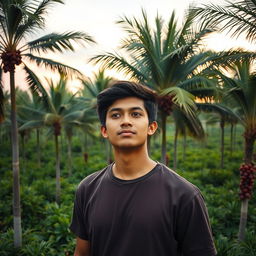 A handsome young Indonesian man standing in a lush valley filled with tall palm trees bearing dates, in the early morning