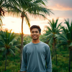 A handsome young Indonesian man standing in a lush valley filled with tall palm trees bearing dates, in the early morning