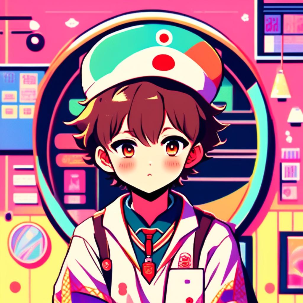 Anime schoolboy with chestnut hair and bright eyes in Japanese uniform, encased in neon circular border against a lo-fi pastel background.