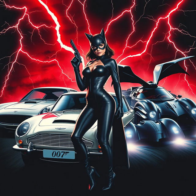 A captivating movie poster featuring the iconic Aston Martin DB5 from 007 and the Batmobile from 1989, prominently displaying Catwoman (Bond girl) in an alluring pose