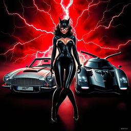 A captivating movie poster featuring the iconic Aston Martin DB5 from 007 and the Batmobile from 1989, prominently displaying Catwoman (Bond girl) in an alluring pose