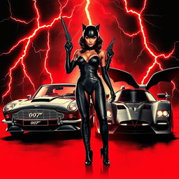 A captivating movie poster featuring the iconic Aston Martin DB5 from 007 and the Batmobile from 1989, prominently displaying Catwoman (Bond girl) in an alluring pose